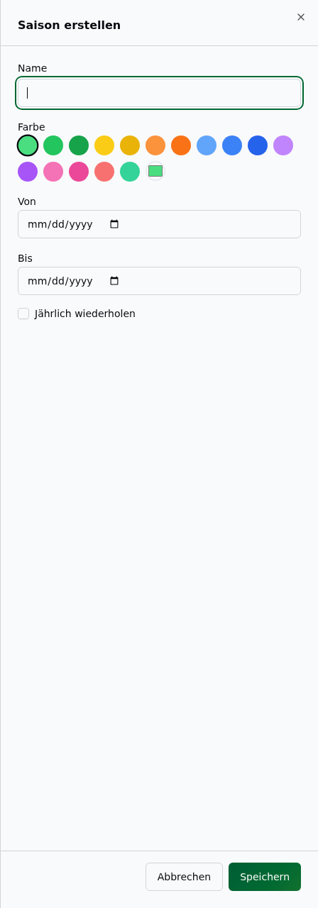 Erstellen-Sheet „Saison" mit Bezeichnung, Farbwähler, Von-/Bis-Datumsfeldern und Wiederholungs-Option