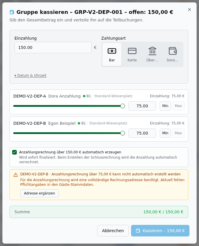 Gruppen-Kassieren-Dialog mit Einzahlung, Slider-Verteilung pro Teilbuchung (Min/Max), Anzahlungsrechnung-Checkbox, amber Adress-Hinweis und Summen-Indikator