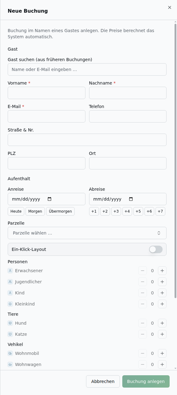 Sheet „Neue Buchung" mit Gast-Suche, Gastdaten, Datum-Schnellwahl, durchsuchbarer Parzelle, Ein-Klick-Layout-Schalter und Belegung (Personen/Tiere/Vehikel)