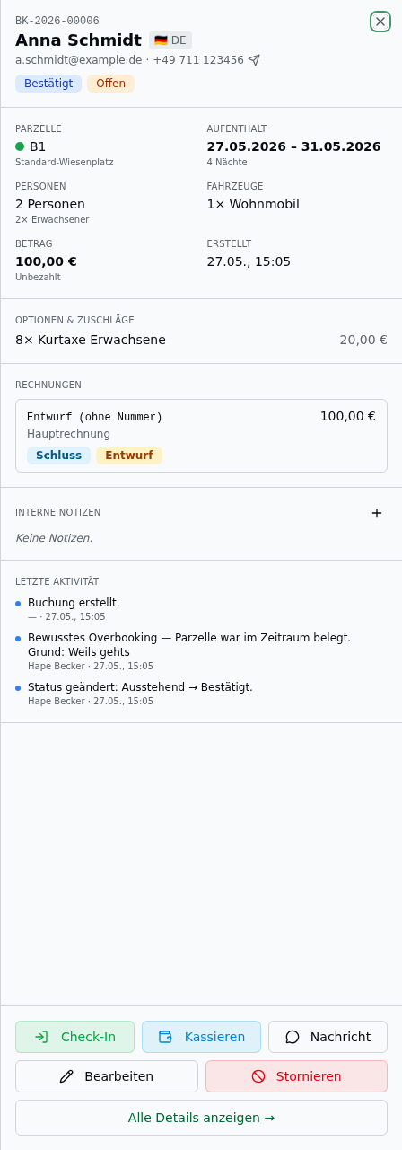 Quick-Access Sheet mit Kopfzeile, Key Facts, Optionen, Rechnungen, interne Notizen, Audit-Log und Aktionsbuttons