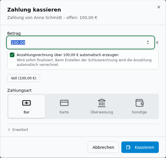 Dialog „Zahlung kassieren" mit offenem Betrag, Betragsfeld, Anzahlungsrechnung-Checkbox, Vollbetrag-Chip und Zahlungsart-Auswahl