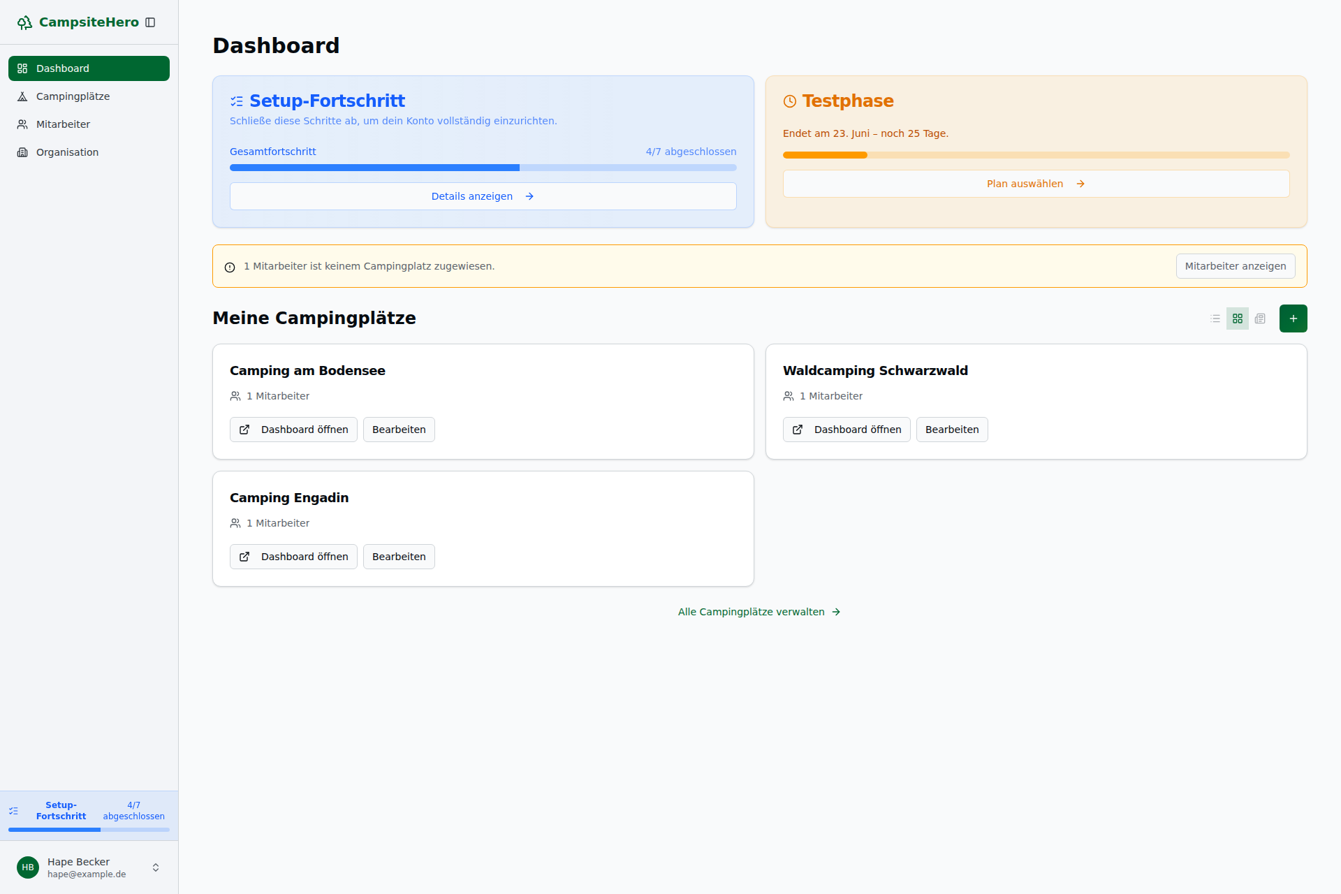 Dashboard mit Campsite-Cards im Grid
