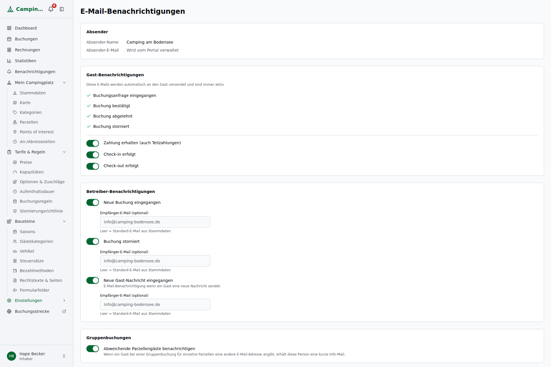 E-Mail-Benachrichtigungen – im Bereich „Betreiber-Benachrichtigungen" der Toggle „Neue Gast-Nachricht eingegangen" mit optionalem abweichendem Empfänger-Feld