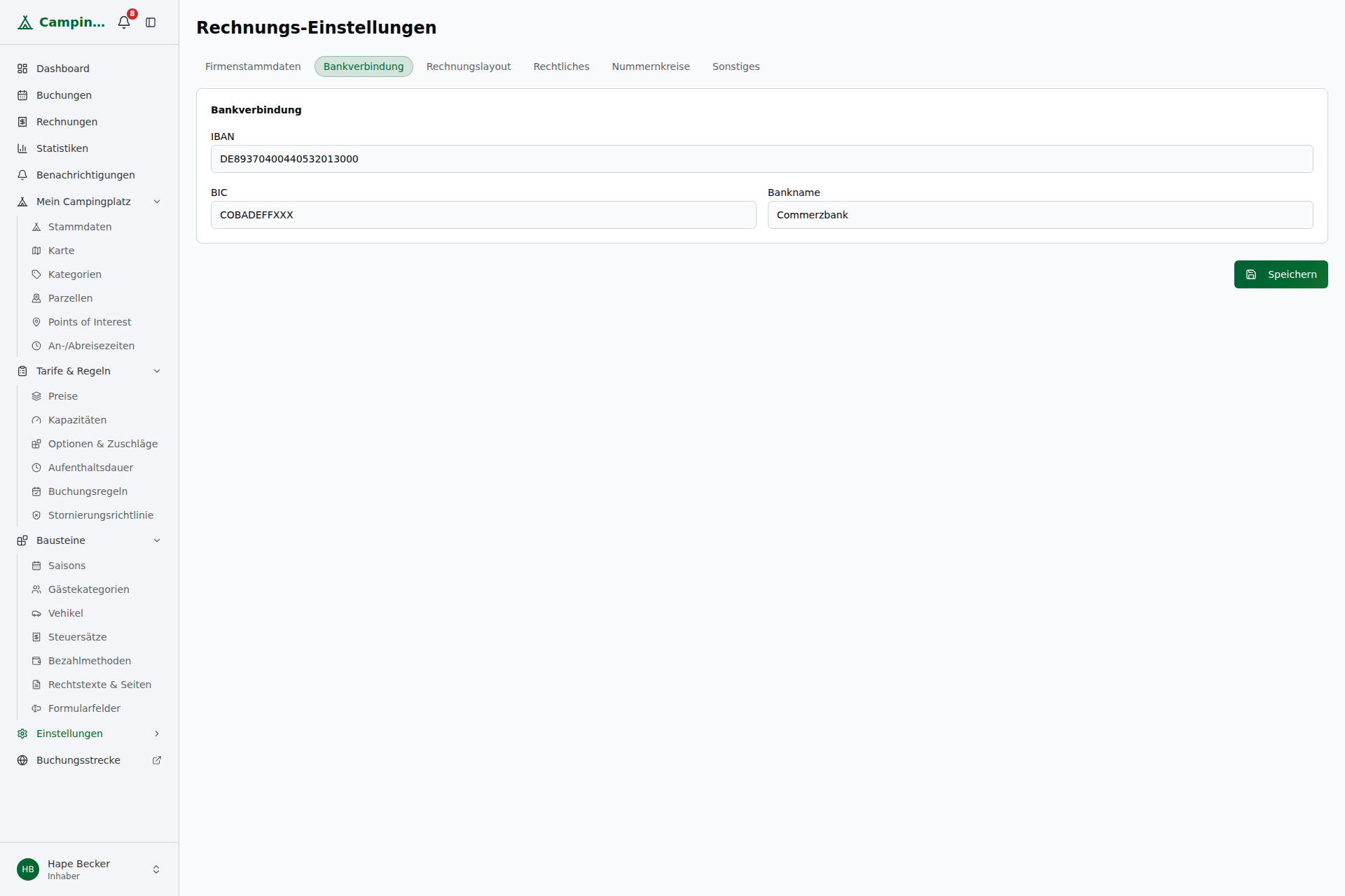 Tab Bankverbindung mit IBAN, BIC und Bankname