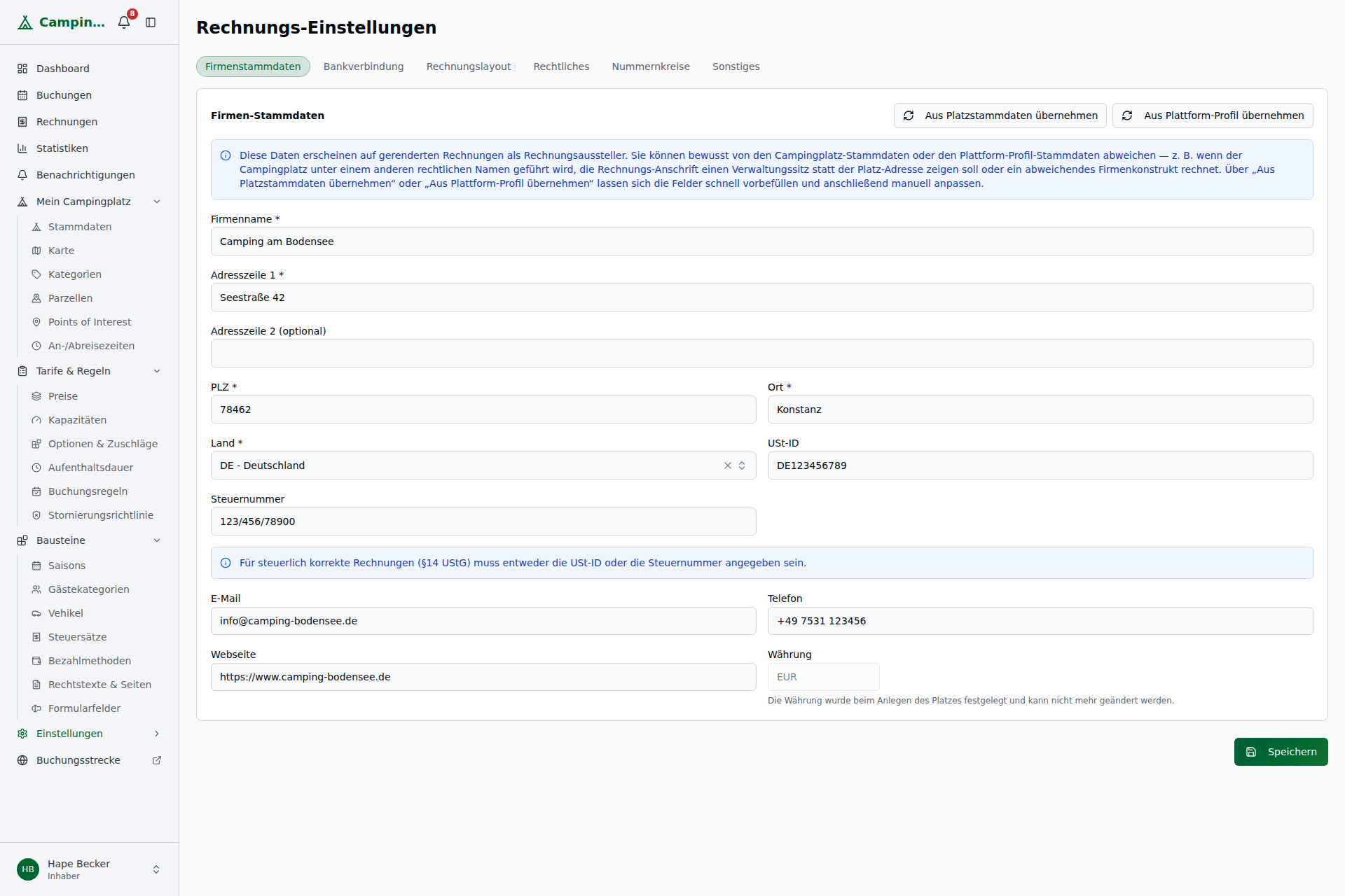 Tab Firmenstammdaten mit Firmenname, Adresse, USt-ID, Steuernummer und Kontaktdaten