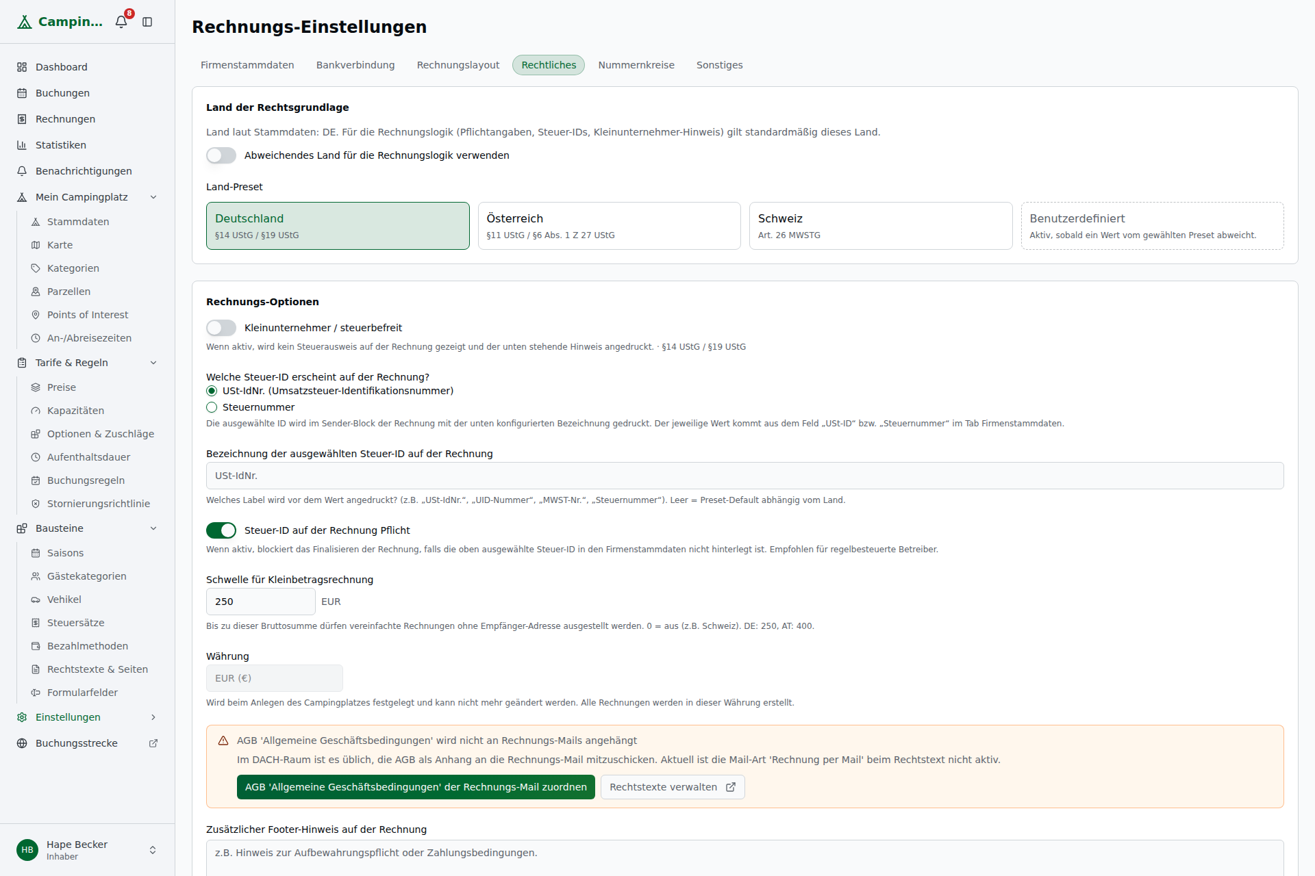 Tab Rechtliches mit DE/AT/CH-Preset-Karten und länderspezifischen Einstellungs-Feldern