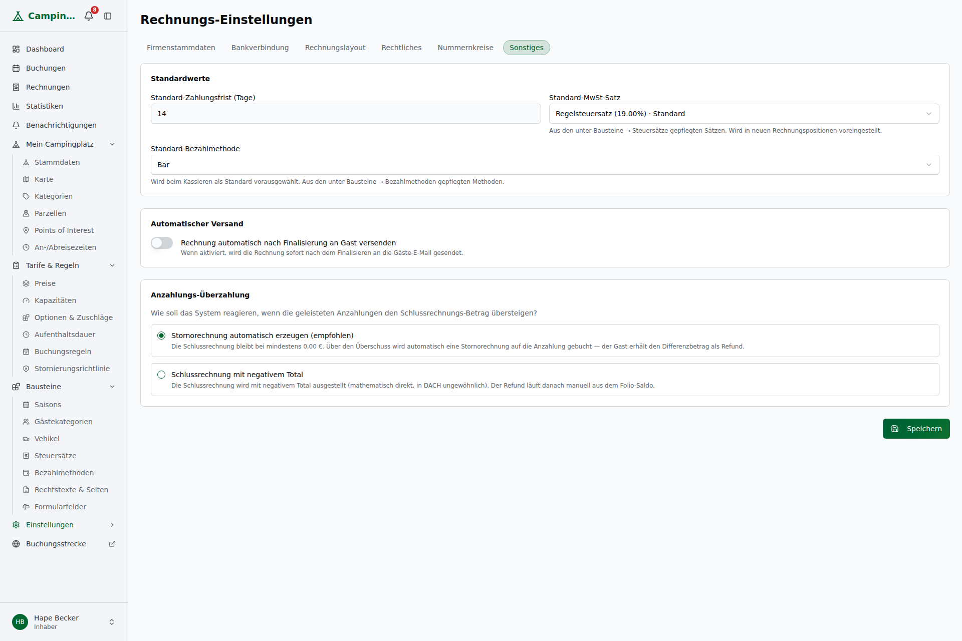 Tab Sonstiges mit Standardwerten, Zahlungsziel, automatischem Versand und Anzahlungs-Überzahlungs-Behandlung