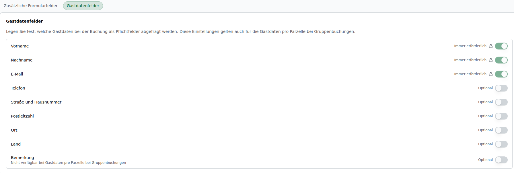 Tab „Gastdatenfelder" – Liste der Standard-Kontaktfelder: Vorname/Nachname/E-Mail „Immer erforderlich" (gesperrt, Schloss-Symbol), Telefon/Straße/PLZ/Ort/Land/Bemerkung als optionale Switch-Toggles