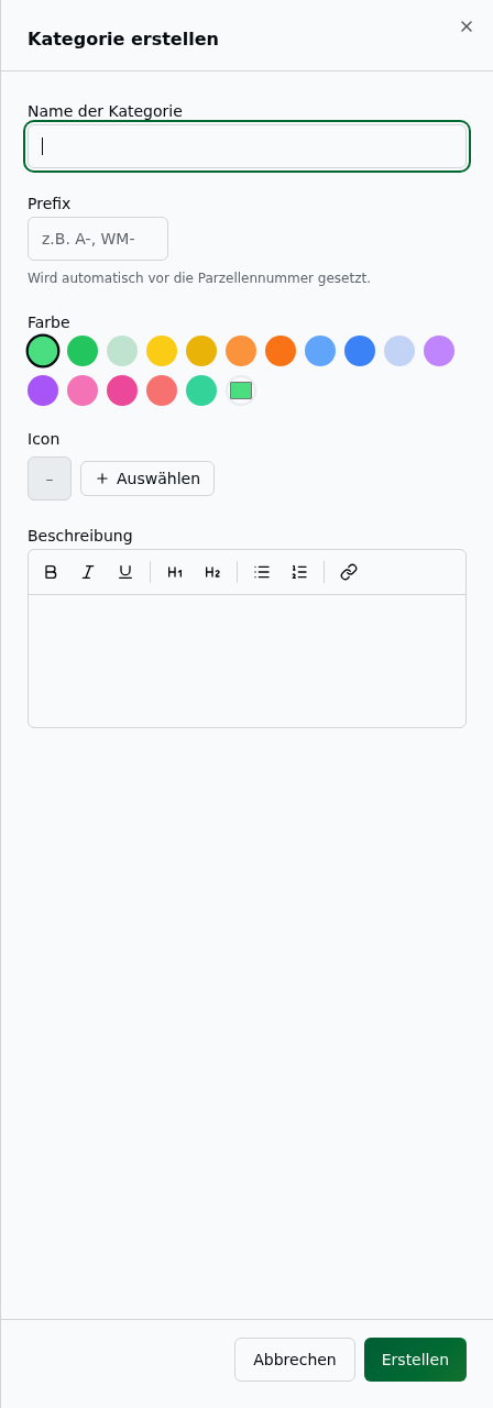 Erstellen-Sheet „Kategorie" mit Name, Prefix, Farbpalette, Icon-Auswahl und Beschreibungs-Editor