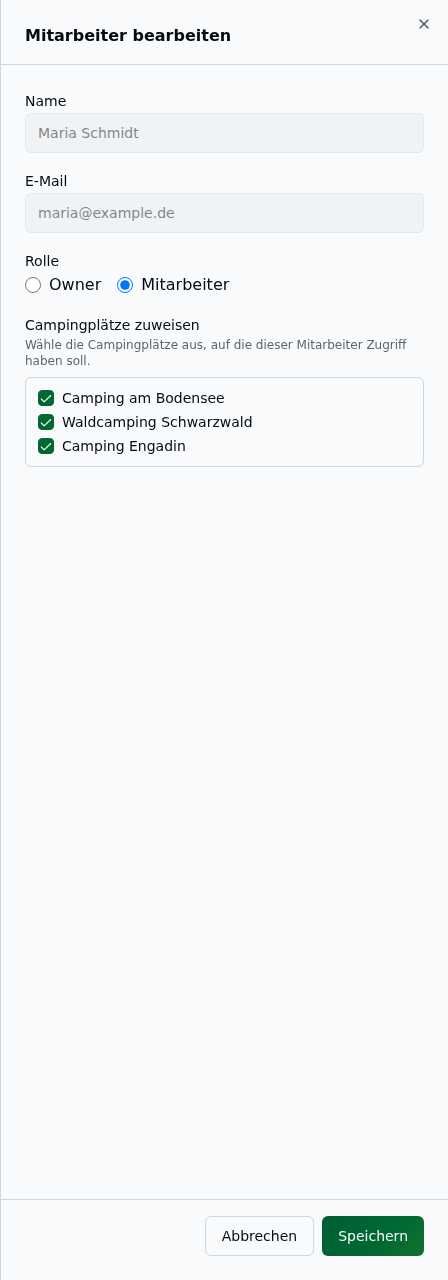Mitarbeiter-Bearbeitungs-Dialog mit Name, E-Mail, Rollenauswahl und Campingplatz-Zuweisung