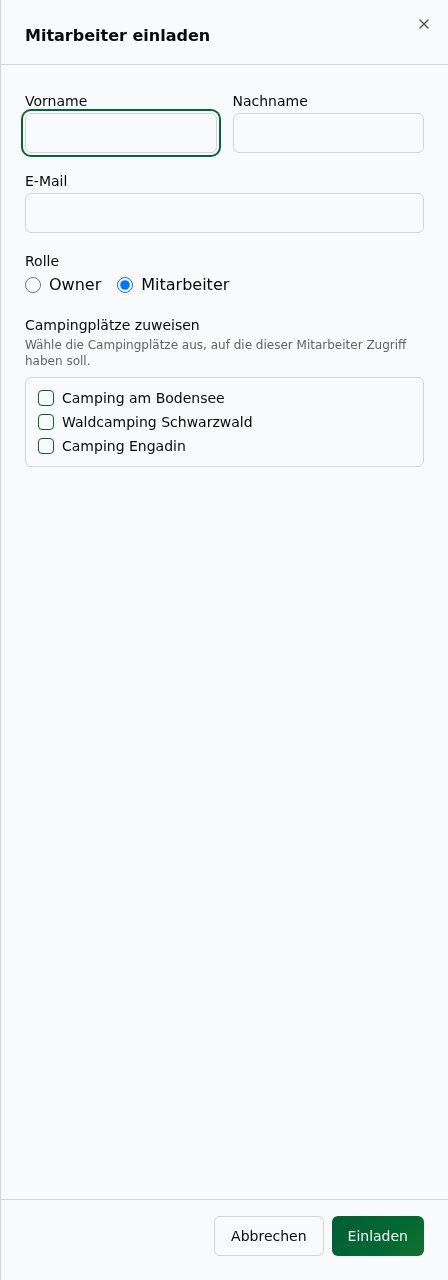 Einladungs-Dialog mit Vorname, Nachname, E-Mail, Rollenauswahl (Owner/Mitarbeiter) und Campingplatz-Zuweisung