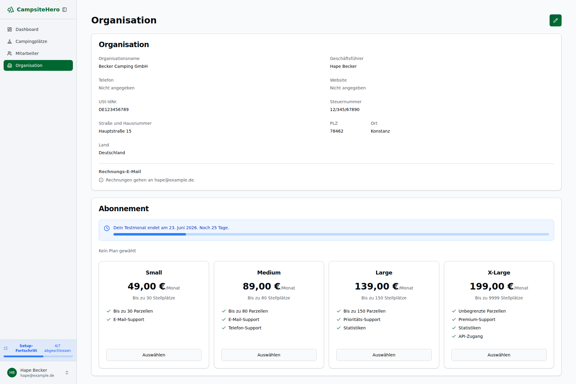 Abonnement-Übersicht auf der Organisations-Seite