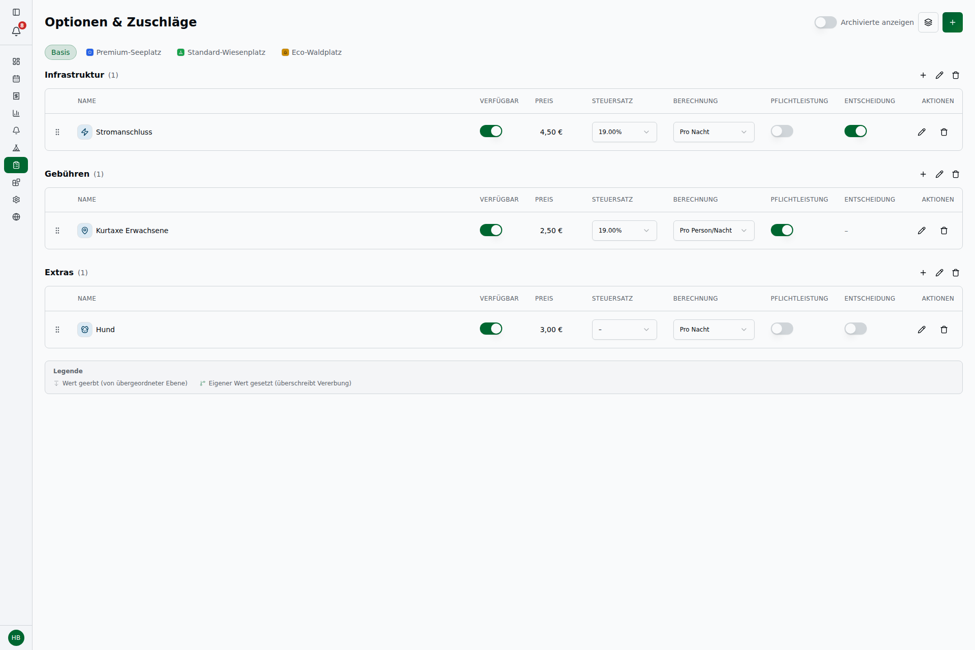 Optionen & Zuschläge – Basis-Tab mit Gruppen Infrastruktur, Gebühren und Extras; je Option Verfügbar-Switch, Preis, Steuersatz, Berechnung, Pflichtleistung und Entscheidung