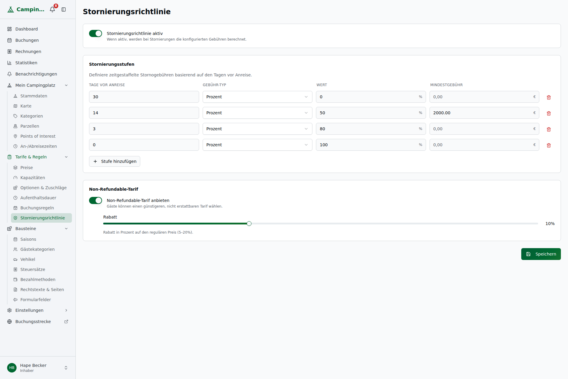 Seite Stornierungsrichtlinie mit Aktiv-Toggle, Stornierungsstufen-Tabelle und Non-Refundable-Tarif mit Rabatt-Slider