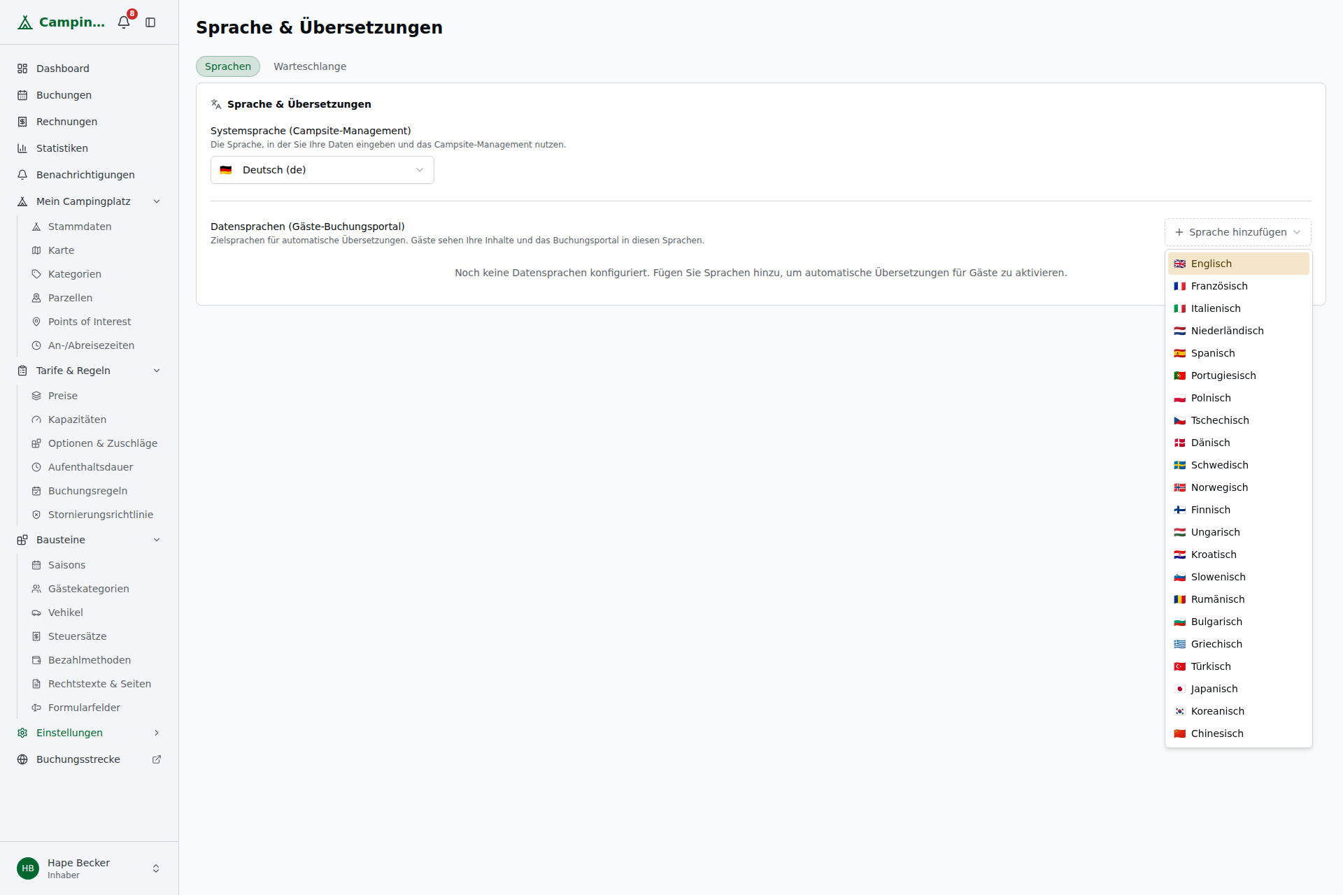 Dropdown „Sprache hinzufügen" mit Auswahlliste der verfügbaren Datensprachen (Englisch, Französisch, Italienisch … mit Flaggen)
